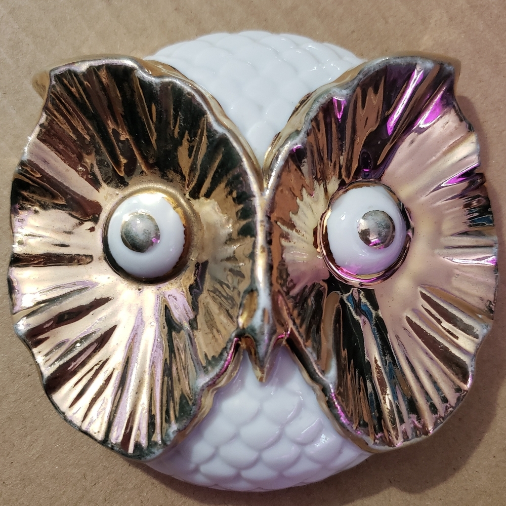 Vintage Enesco Owl 18K Gold Decorated Jewelry Trinket Box